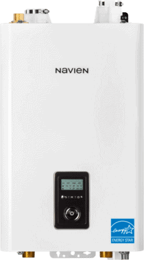 A Navien tankless water heater with an Energy Star label, featuring a digital control panel on the front.