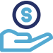 Icon of a hand under a dollar coin, symbolizing monetary exchange or financial support.