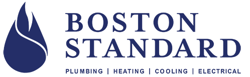 Logo for Boston Standard featuring a blue teardrop icon and the text Plumbing, Heating, Cooling, Electrical.