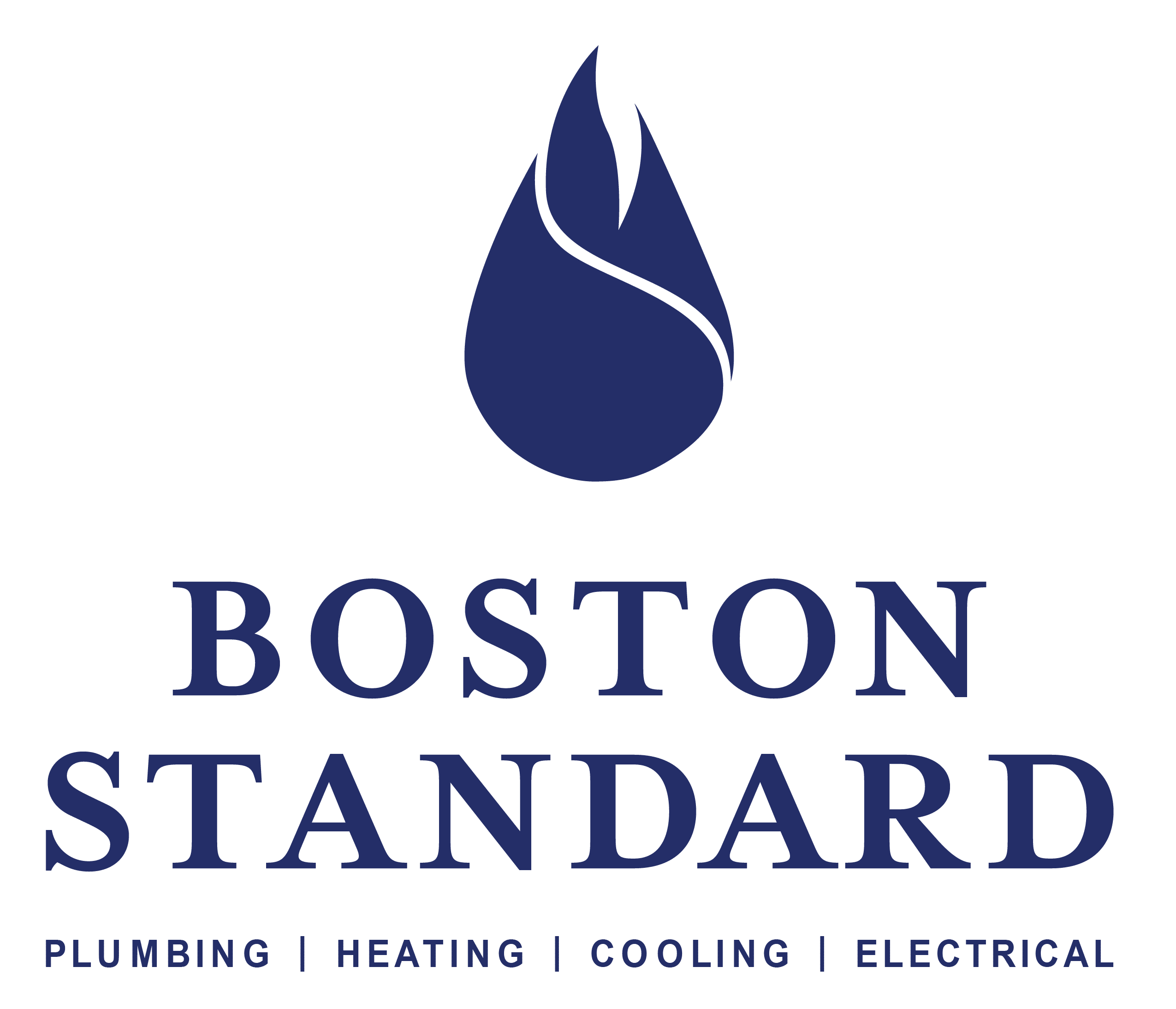 Logo featuring a stylized blue flame above the words Boston Standard, with Plumbing, Heating, Cooling, and Electrical listed below.