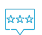 A blue outlined speech bubble containing three blue outlined stars, set against a black background.