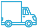 Blue outline icon of a delivery truck with a large cargo area and a cab, on a black background.
