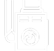 White line icon of a heating appliance with a pipe and circular element on the front.