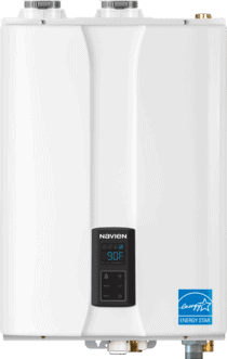 A white Navien tankless water heater with a black digital display showing 90°F and an Energy Star logo.