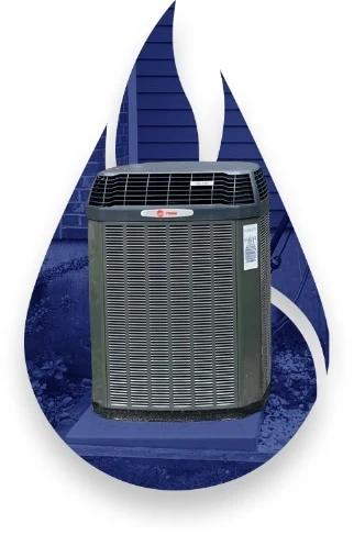 Outdoor air conditioning unit on a concrete pad, framed by a blue flame graphic, with a house in the background.