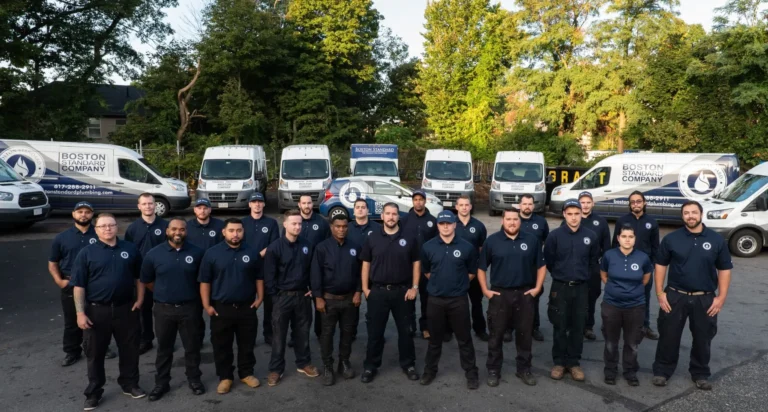 A diverse team of 19 service professionals in dark blue uniforms stands smiling in front of a line of white company vans and a blue car, all branded with a company logo. Trees are visible in the background.