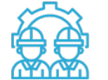 Two stylized blue outline figures wearing hard hats and safety vests stand in front of a blue gear outline, symbolizing teamwork and skilled labor.