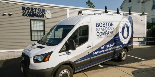 A white service van with 'Boston Standard Company' branding for plumbing, heating, and cooling is parked in front of a building with matching signage.