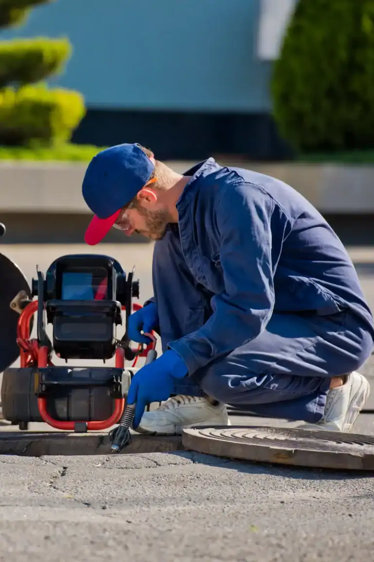 HVAC specialist utilizing camera inspection to inspect a sewer drain.