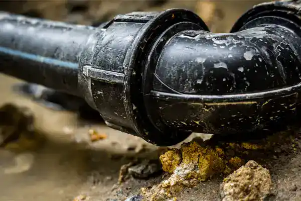 Close-up of a dirty, black plastic plumbing pipe joint showing wear and residue, surrounded by wet soil.