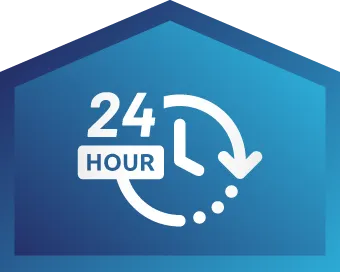 White 24-hour clock icon with an arrow forming a circle around a clock face and the text "24 HOUR" on a blue hexagonal background.