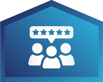 Icon of three people with a speech bubble above them containing five stars, set against a blue, house-shaped background.