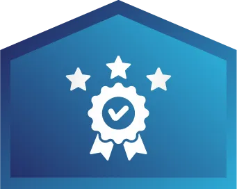 White award ribbon with a checkmark and three stars above it on a blue, house-shaped background.