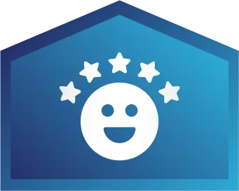 A white smiley face icon with five stars arranged in an arc above it, centered on a blue house-shaped background.