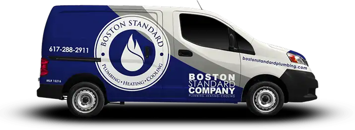 A white and blue service van with 'Boston Standard Company' branding, including a logo with a water drop and flame, and text for plumbing, heating, and cooling services.