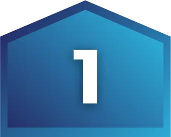 A white number 1 centered on a blue, house-shaped background.