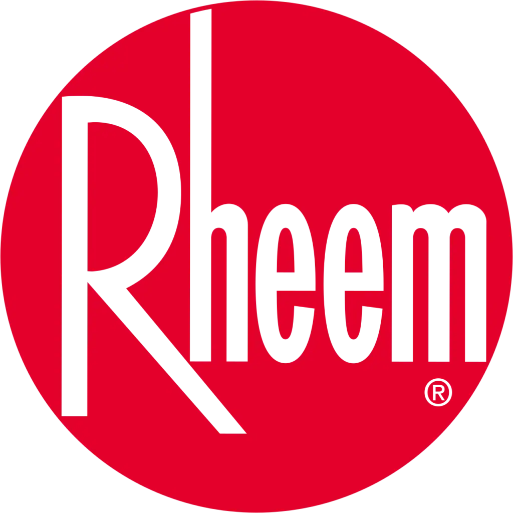 Rheem logo featuring the brand name in black letters inside a solid red circle, recognized in HVAC and Plumbing industries.