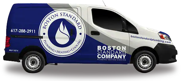 A Boston Standard Company van with blue and white branding, logo, contact number, and website. The van advertises plumbing, heating, and cooling services, as well as the benefits of their comprehensive maintenance plan.